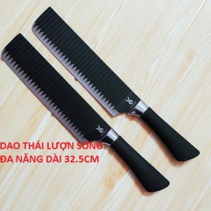 Dao đen mũi vuông ,chống dính lưỡi dao thép không rỉ ,dao bếp thiết kế gợn sóng , sắc bén ,cán dao bọc cao su chắc chắn chống trơn trượt thiết kế phù hợp với tay cầm