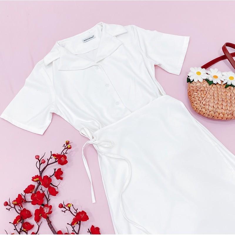 Đầm Suông Dài Trắng Cột Eo