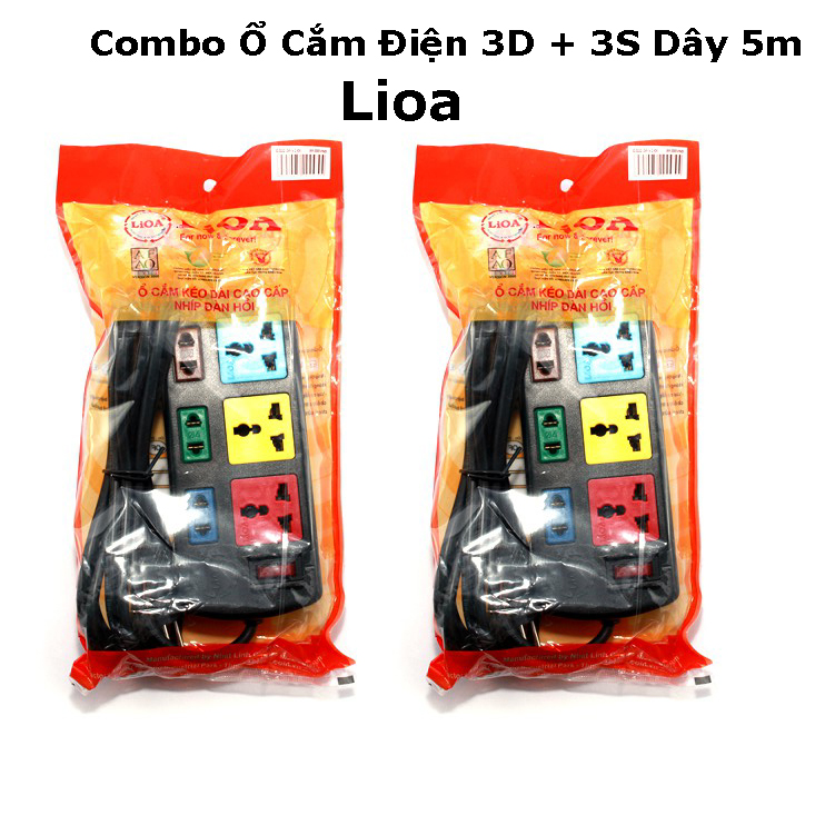 Combo 2 Ổ Cắm Điện 3D + 3S Dây 5m x 2 Lioa 3D3S52 màu đen