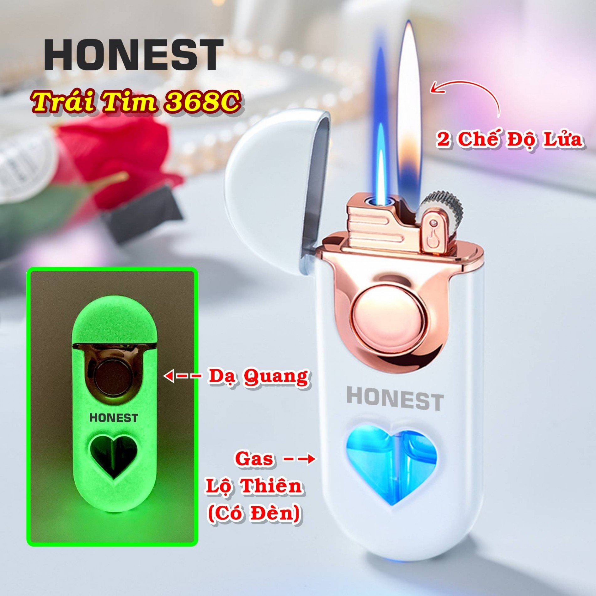 Hột quẹt bật lửa Honest 2 chế độ lửa có đèn hình trái tim phát sáng dạ quang - xài gas