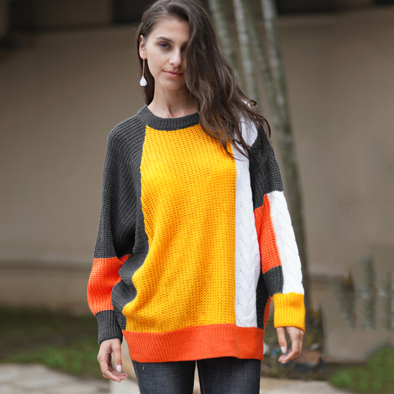 Women Knitted Sweater Color Block Batwing Sleeve Ribbed Splits Twist Autumn WinterCasual Loose Pullover