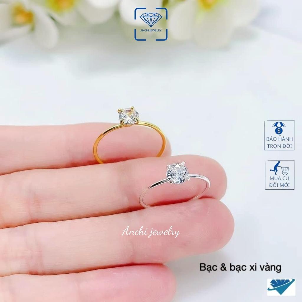 Nhẫn bạc đá nhỏ nhô cao màu trắng giá rẻ, nhẫn nữ mạ vàng, Anchi jewelry