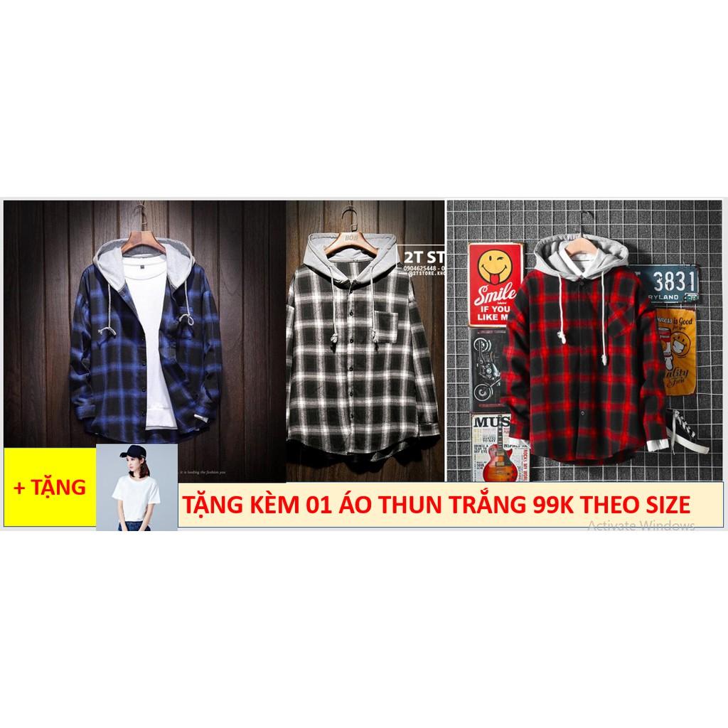 COMBO ÁO KHOÁC CARO SƠ MI KHỐI NÓN UNISEX TẶNG ÁO THUN COTTON THEO SIZE