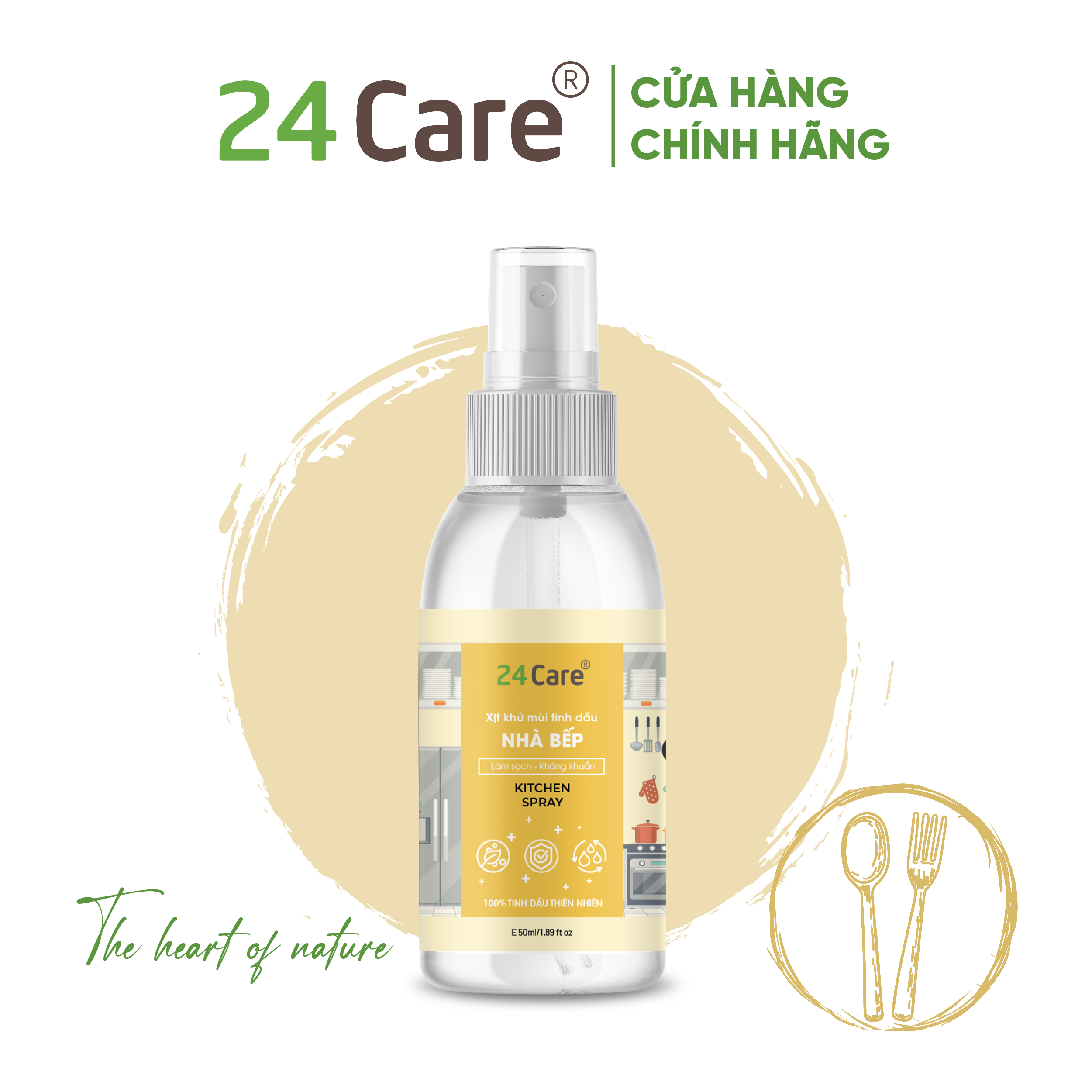 Xịt nhà bếp tinh dầu 24CARE 50ml/100ml/250ml - Xịt lau chùi bếp, bề mặt bị dính bẩn, diệt bề mặt dính vi khuẩn, không khí chứa vi khuẩn