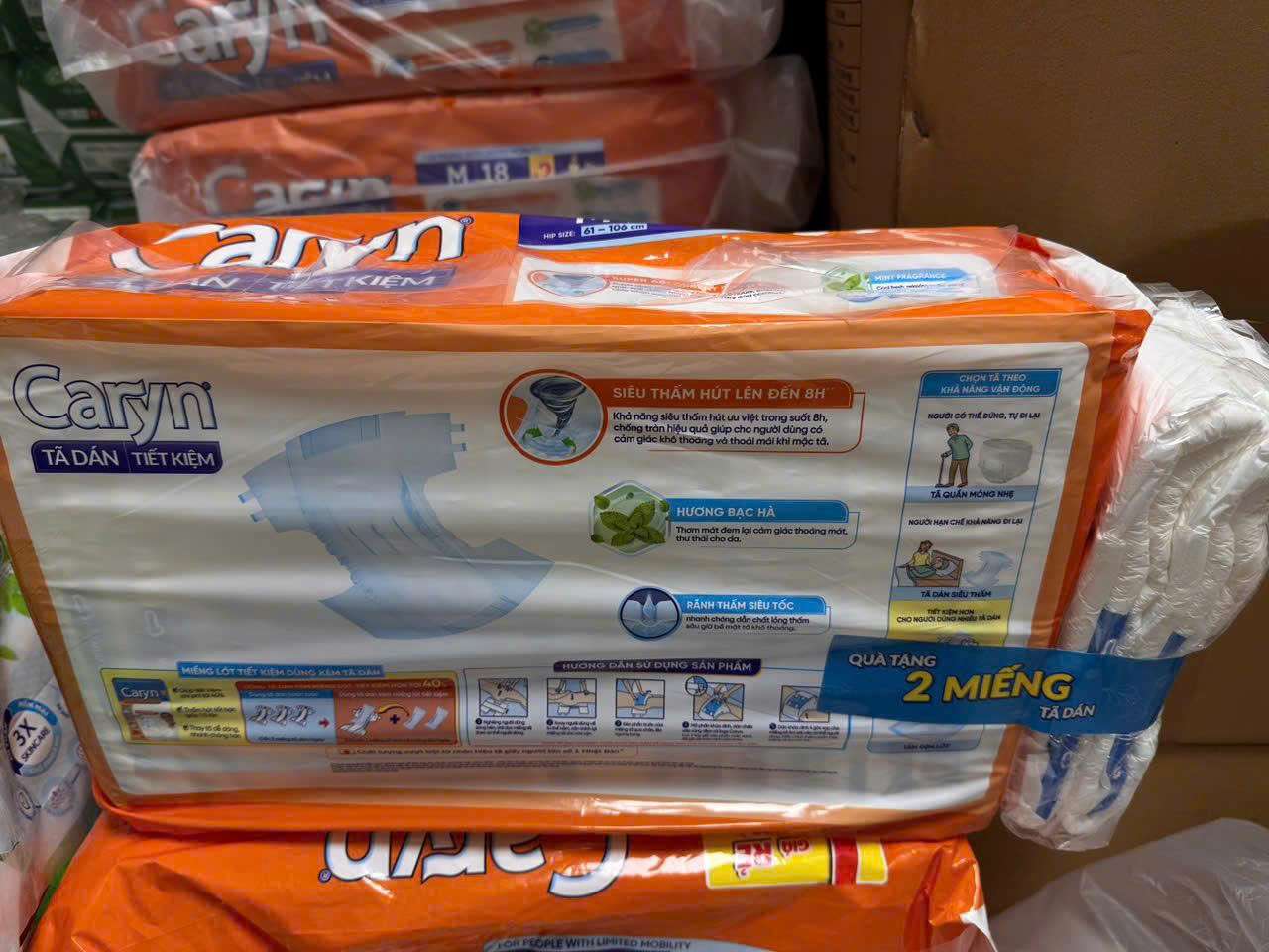 Combo 2 gói tã dán người già Caryn ngày và đêm siêu tiết kiệm gói lớn M18/L18 miếng