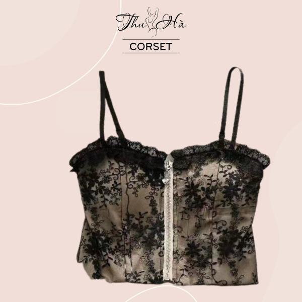 Áo corset - áo bra nữa có gọng và mút kéo khóa, ren phối họa tiết sexy Cao Cấp