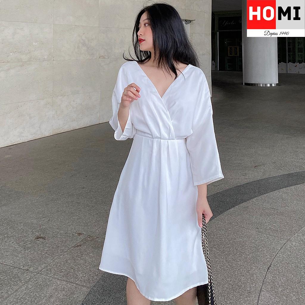 ĐẦM TRẮNG CỔ CHỮ V, đầm dạo phố HomiFashion