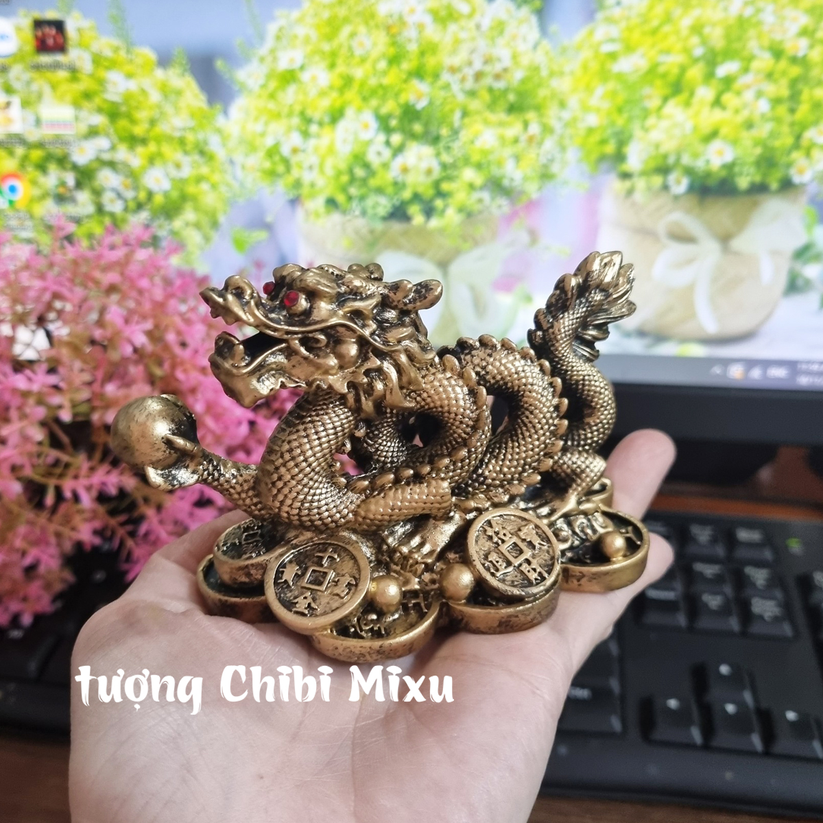 Tượng Rồng cuộn cầm ngọc sơn giả đồng, Rồng nhả ngọc phong thủy 11cm, Tượng đá trang trí Rồng phong thủy Giàu có Quà tặng Đồ trang trí