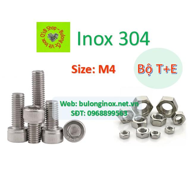 Bulong lục giác chìm đầu trụ size M4 inox bộ Thân + Ecu  , ốc đầu trụ , ốc lục lăng đầu trụ inox, inox 304
