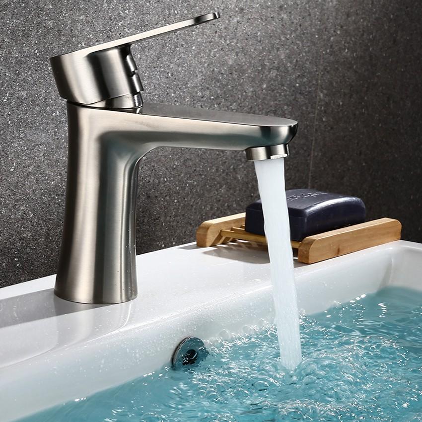 Vòi lavabo nóng lạnh cắm chậu OS310 chất liệu inox 304 nguyên khối tặng 2 dây cấp nóng lạnh Inox 60cm