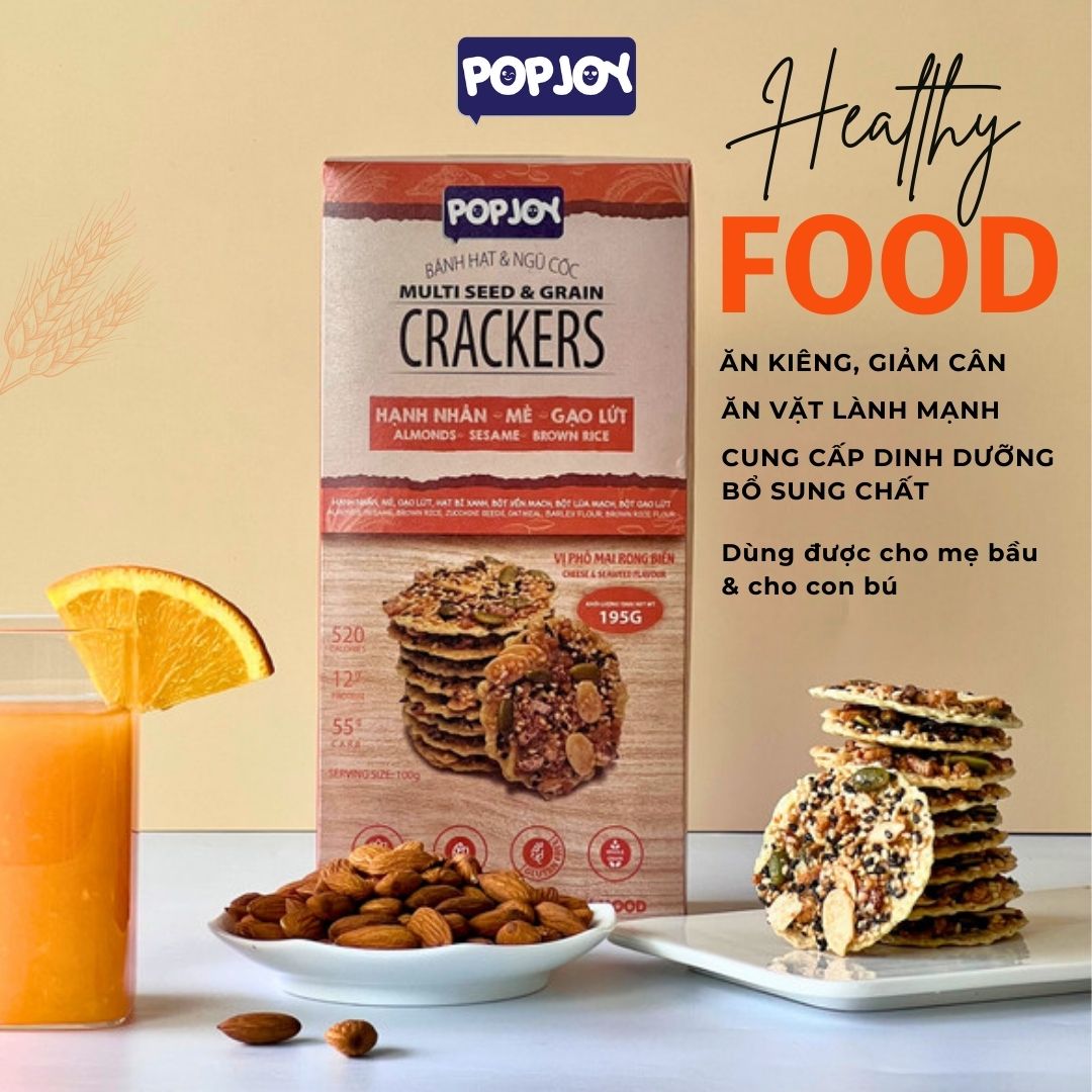 BÁNH HẠT VÀ NGŨ CỐC- Hạnh Nhân, Mè, Gạo Lứt- Vị Phô Mai Rong Biển 195g- Thuần Chay, Ăn Kiêng, Giảm Cân,Healthy,Eat Clean