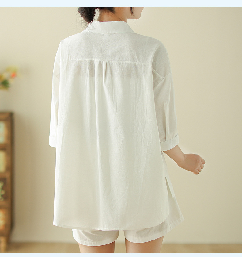 Bộ đồ cho nữ 2 chi tiết gồm áo sơ mi có túi và quần short dáng chữ A, set linen nữ hàn quốc