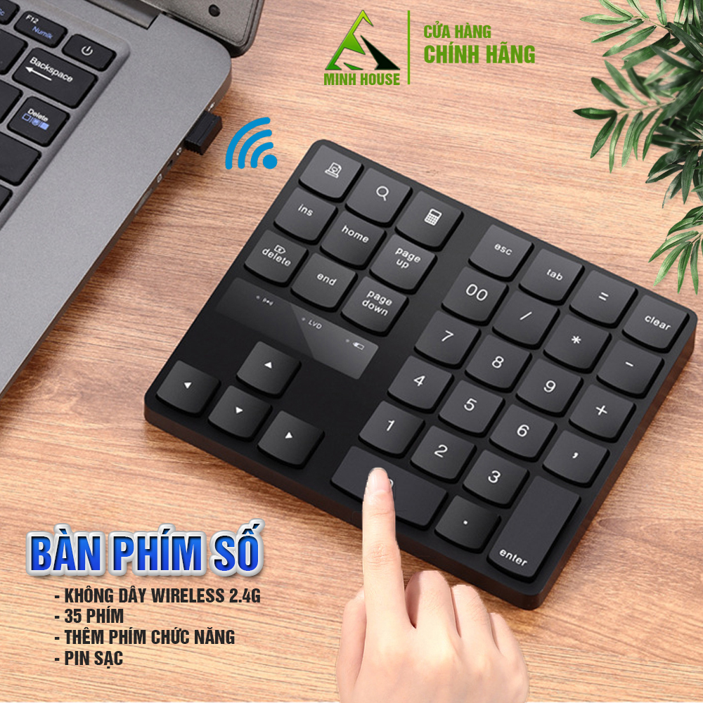 Bàn phím số không dây Wireless 2.4G, cho Laptop, thiết bị di động, 35 phím, thêm các phím chức năng, Pin sạc, phím êm Minh House-Hàng chính hãng