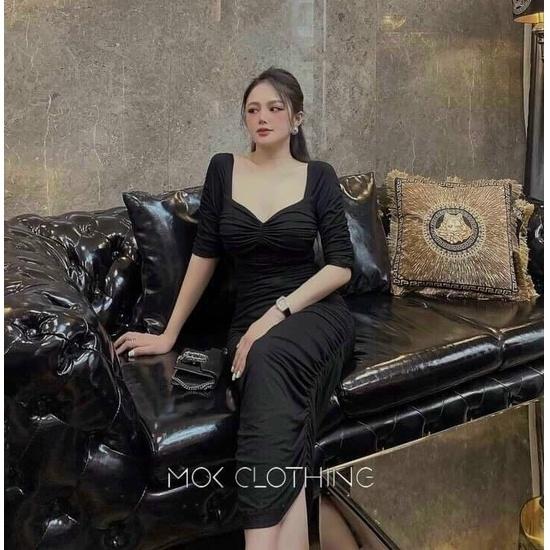 Đầm body dài cổ vuông nhúng xếp ly toàn thân