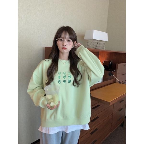 Áo khoác sweater chui đầu thêu tim nỉ ngoại tay phồng unisex ulzzang nam nữ