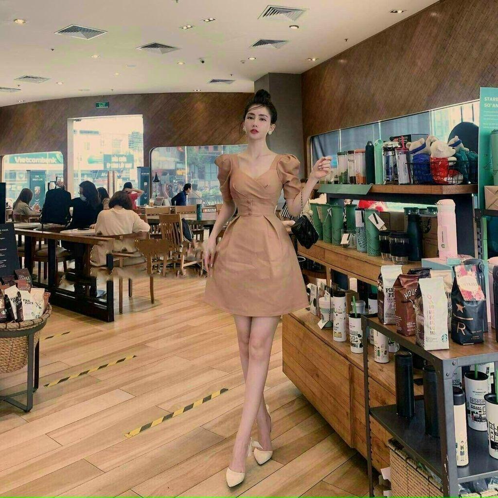 Đầm Xòe Tay Phồng Nút Bọc