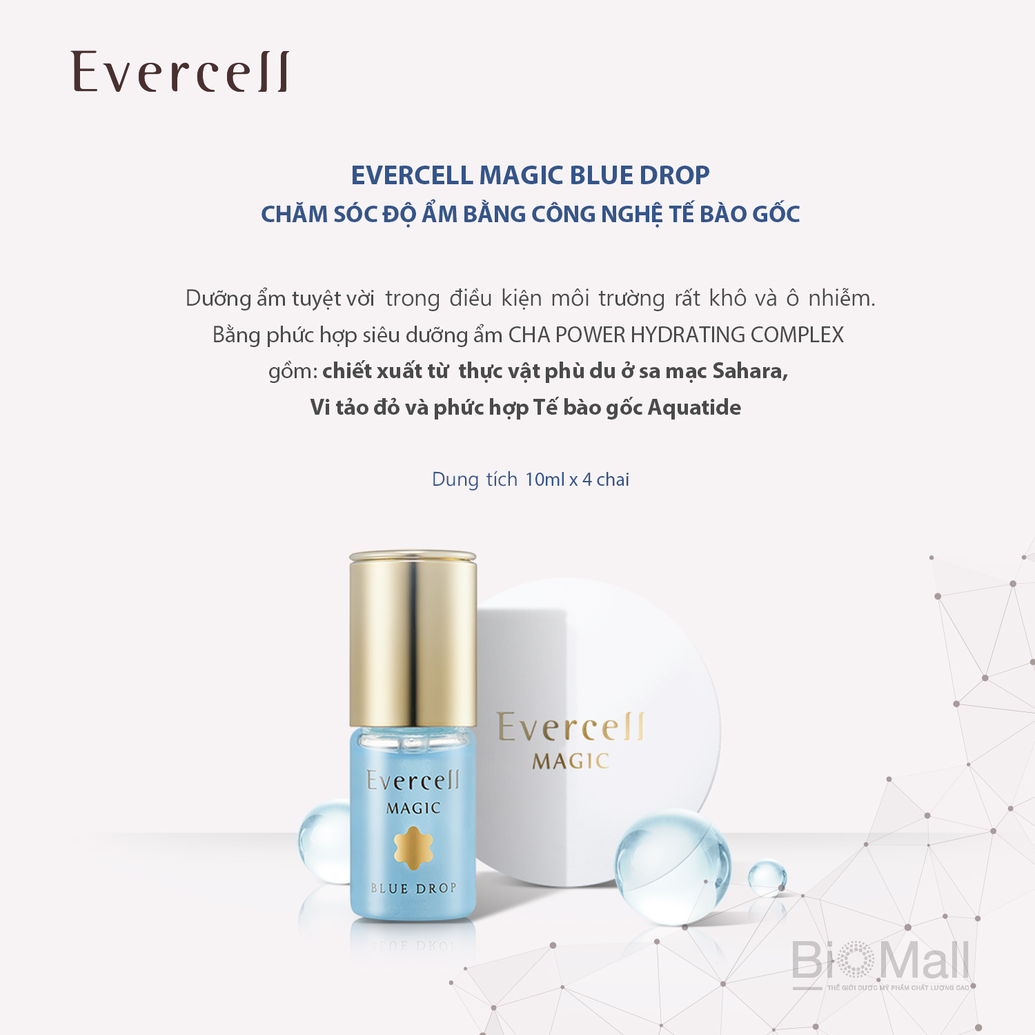 Ampoule năng lượng biển Siêu dưỡng ẩm thần kỳ Tế bào gốc EVERCELL Magic Blue Drop 4chaix10ml 