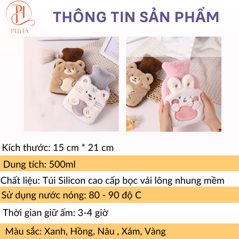 Túi chườm nóng lạnh đa năng PUHA 500ml, túi chườm bụng kinh giảm đau cho nữ, món quà ý nghĩa tặng bạn gái