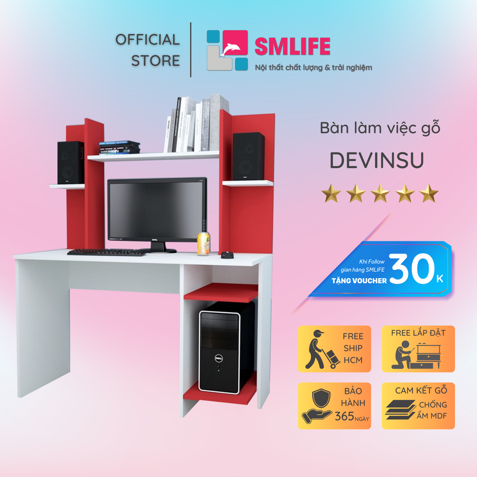Bàn làm việc gỗ công nghiệp liền kệ để sách SMLIFE Devinsu