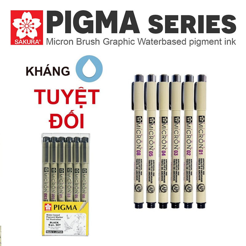 Bộ 6 bút line đi nét chuyên nghiệp Sakura Pigma  Set (micron 01 02 03 04 05 08)