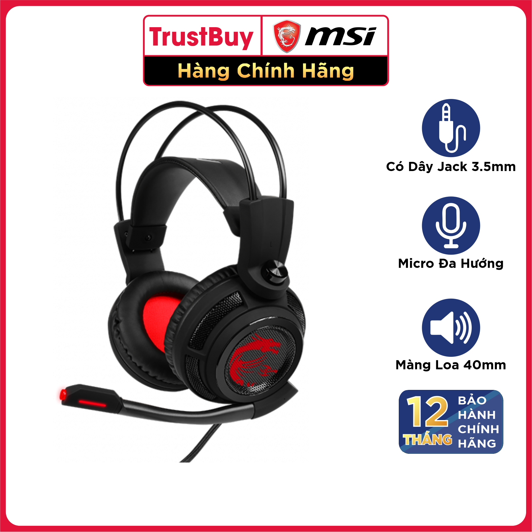 Tai Nghe Chụp Tai Gaming MSI DS502 Âm Thanh 7.1, Tích Hợp Mic, Dây Cắm USB Dài 2M - Hàng Chính Hãng