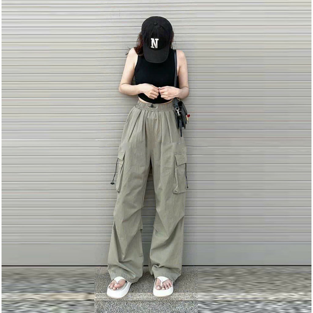Quần kaki cargo pants túi hộp ống rộng nhiều túi cạp cao 123
