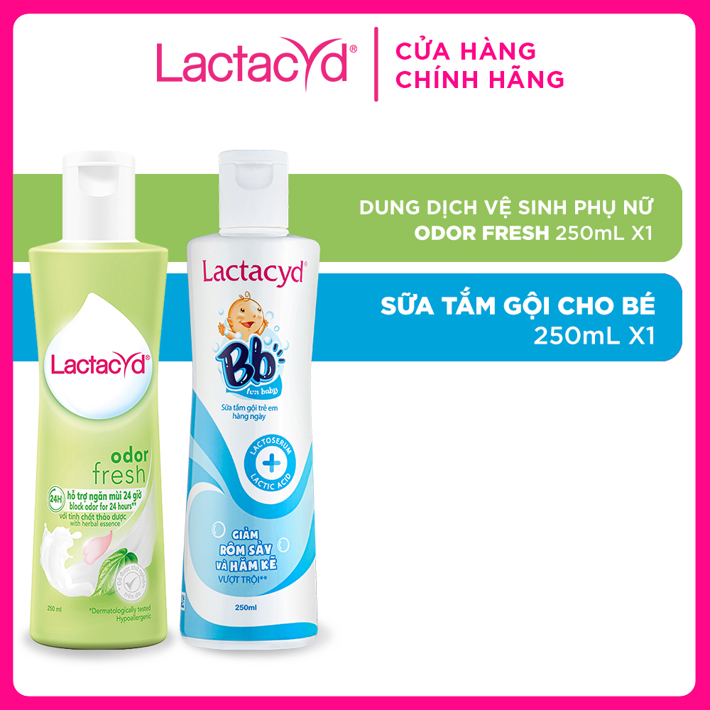 Bộ Dung Dịch Vệ Sinh Phụ nữ Lactacyd Odor Fresh Ngăn Mùi 24H 250ml + Sữa Tắm Gội Trẻ em Lactacyd Baby Gentle Care 250ml