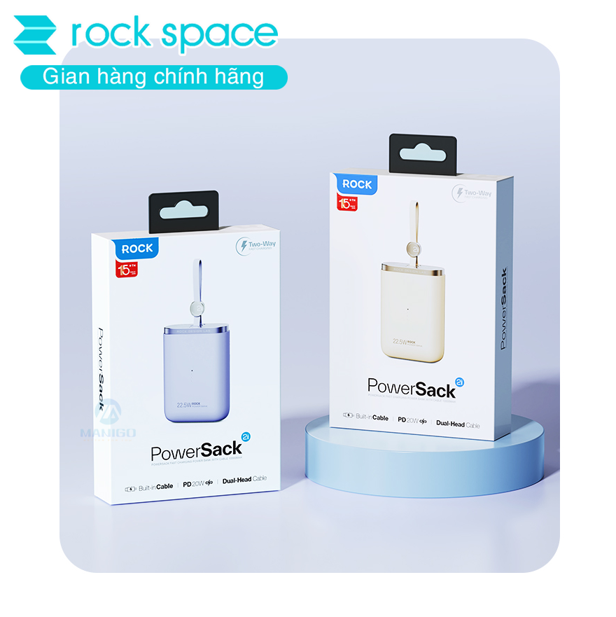 Pin dự phòng mini tích hợp dây sạc Rockspace Powersack 10000mAh sạc nhanh 22.5w hàng chính hãng có bảo hành