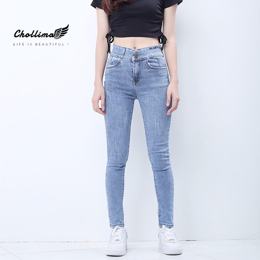 Quần jeans dài nữ co giãn Chollima cạp thường lưng bản to mài xước màu xanh nhạt QD030