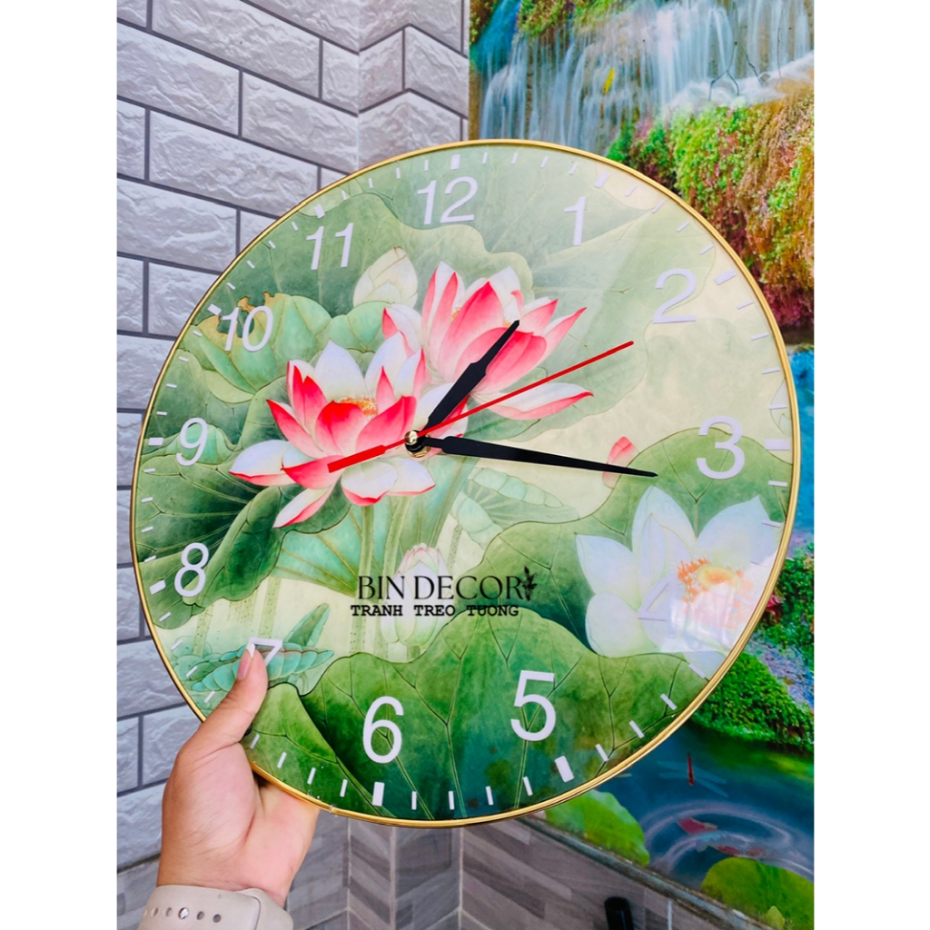 (ẢNH THẬT) Tranh treo tường đồng hồ tráng gương hoa sen hồng có đinh treo