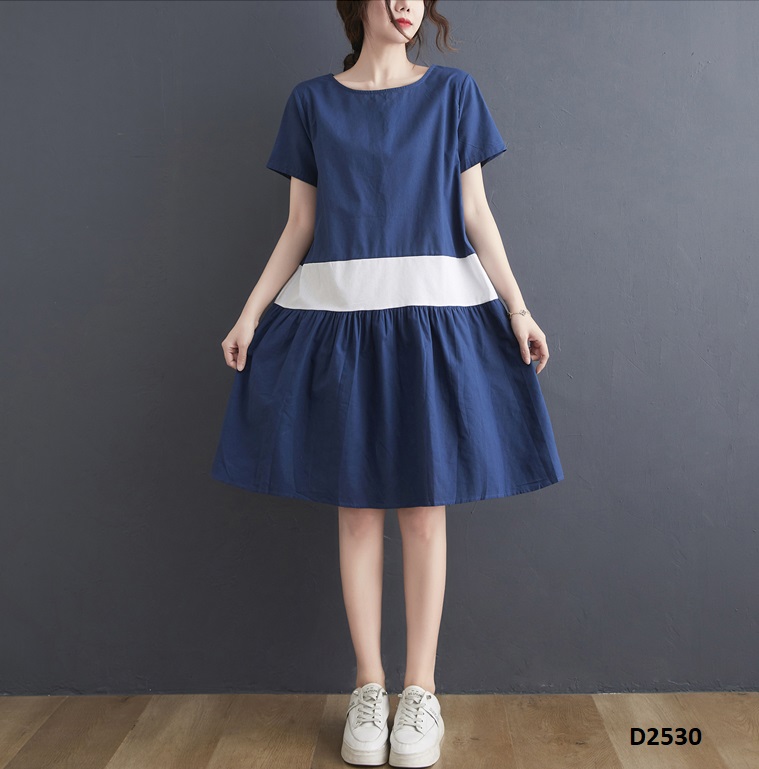 Đầm suông xanh đen ngắn tay phối màu độc đáo phong cách Hàn Quốc