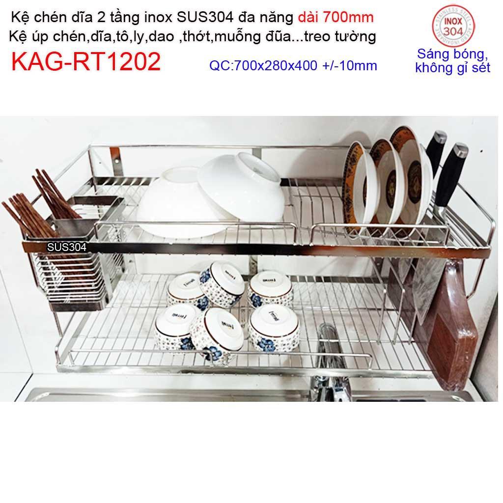 Kệ úp chén dĩa 2 tầng 70cm đa năng inox 304, kệ chén dĩa 2 tầng inox KAG-RT1202