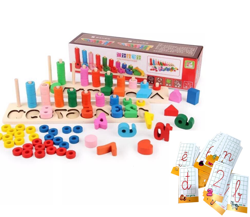 Giáo Cụ Montessori Bộ Học Đếm Bậc Thang 10 Cột Tính Bằng Gỗ Tặng Kèm Bộ thẻ Cho Bé Học Đếm Và Học Cữ Cái