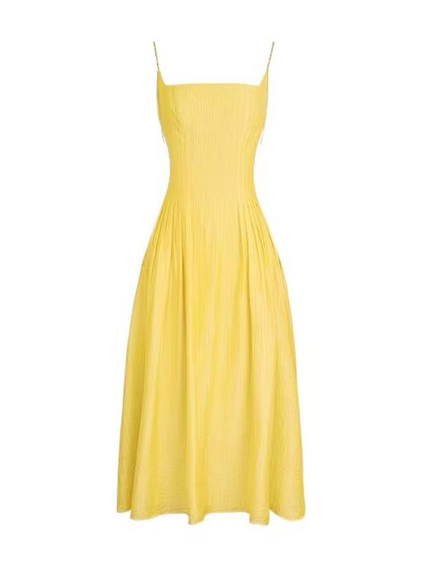 DONGSHOP Tea Break French Sling Dress 2023 Mùa hè bờ biển nghỉ mát thắt lưng có vẻ gầy màu vàng một chữ đầm dài