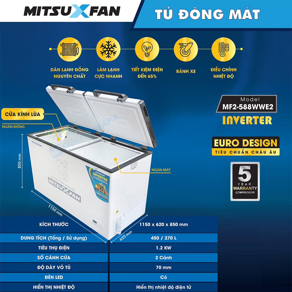 Tủ Đông + Mát MITSUXFAN MITSUXFAN MF2-588WWE2 Inverter, Dung Tích 450/ 270 Lít, Thành Tủ Dày Giữ Lạnh Cực Tốt, Siêu Tiết Kiệm Điện, Tủ Đông Mát Tiêu Chuẩn Châu Âu - Giao Miễn Phí TP.HCM &amp; Lân Cận, Hàng Chính Hãng