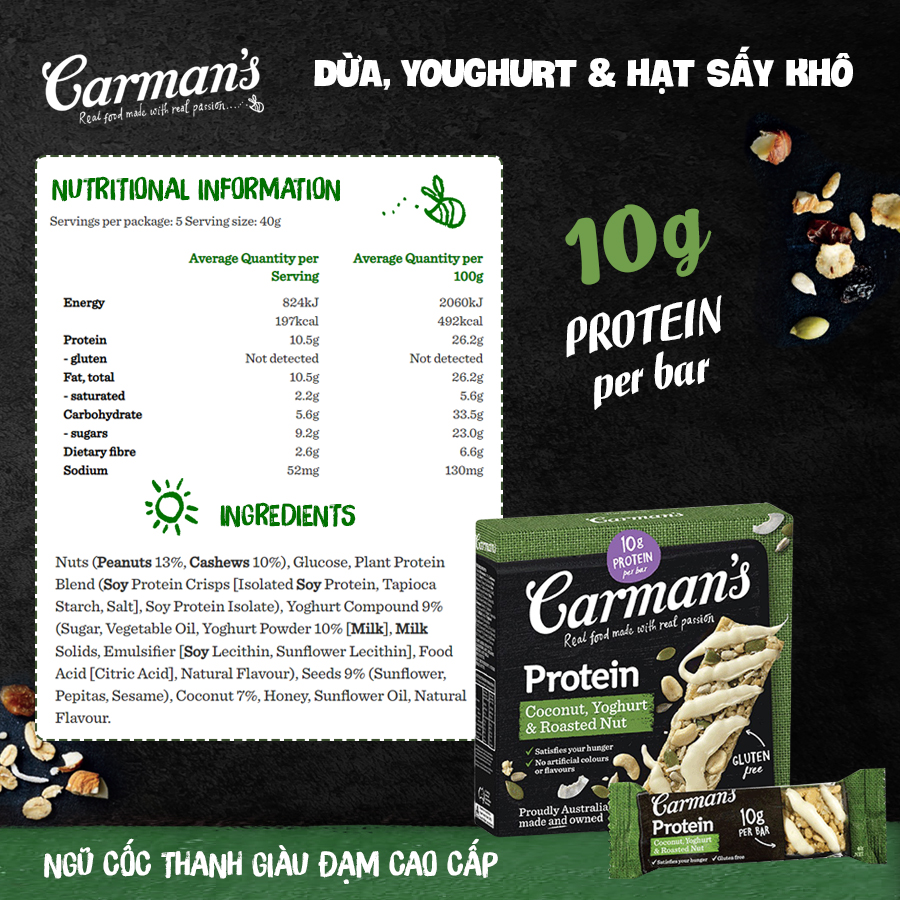 Thanh Giàu Đạm Carman's Protein Bar Coconut, Yoghurt, Roasted Nut - Vị Dừa, Sữa Chua - 200g