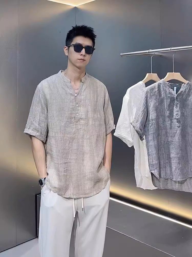 Áo sơ mi đũi trơn ngắn tay nam phối cúc đơn giản tinh tế, thanh lịch