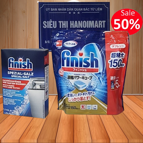 Viên rửa bát Finish 150 viên + Muối rửa bát Finish 1,2kg dành cho máy rửa bát