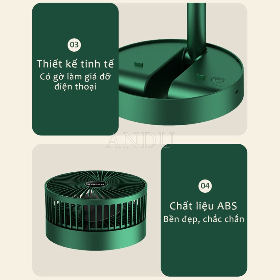 Quạt Tích Điện Để Bàn Gấp Gọn Super 3 Tốc Độ Gió, Cổng Sạc USB Có Thể Điều Chỉnh Độ Cao, Xoay 180 Độ Siêu Tiện Lợi