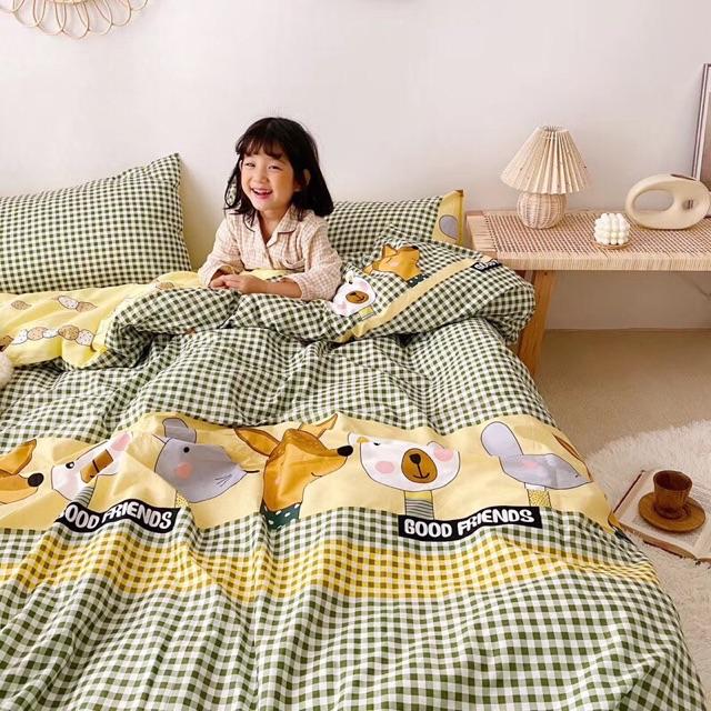 Set Cotton living Hàng Nhập Khẩu Cao Cấp 4 Món Muôn Thú Kẻ Vàng Xanh