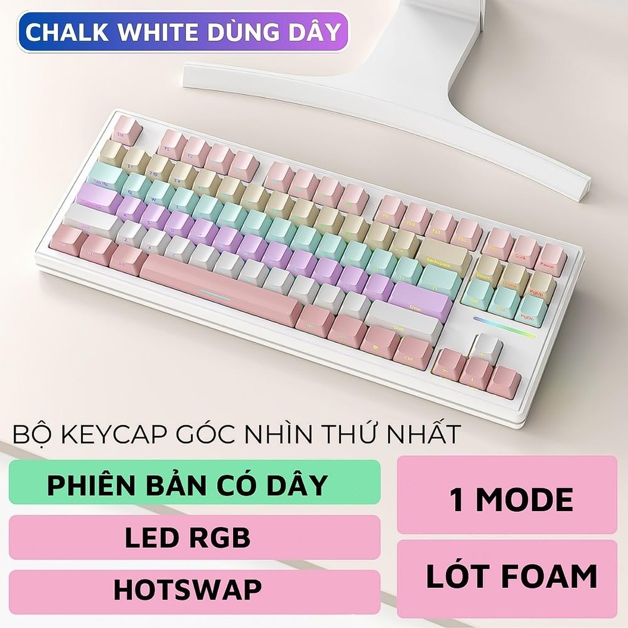 Bàn phím cơ gaming bluetooth Vinetteam M87 LED RGB bàn phím cơ không dây có Hotswap, White Switch, 3 Chế Độ Kết Nối tương thích với hệ điều hành MAC, Windows, và Android - hàng chính hãng