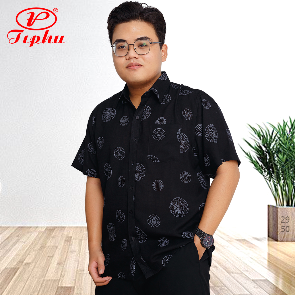Áo somi nam dáng rộng, ngắn tay, hoa văn chìm, cho trung tuổi, size tới 110 kg, thương hiệu Amazing