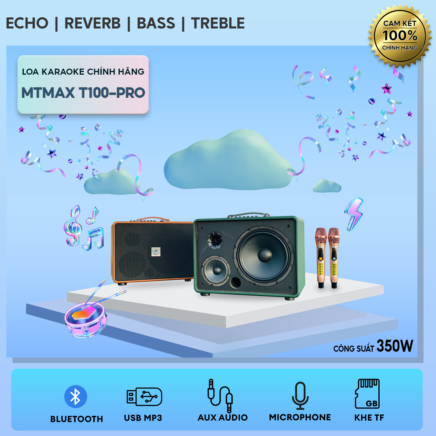 Loa Xách Tay Chính Hãng MTMAX T100PRO - Loa Karaoke Di Động 3 Đường Giá Rẻ Công Suất Lớn 350W Bass Siêu Trầm 25cm Điều Chỉnh Bass Treble Echo Reverb Dễ Dàng Hàng Chính Hãng