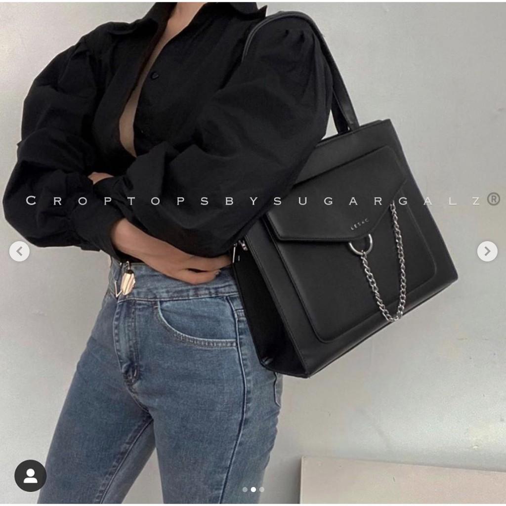 Áo croptop sơ mi tay phồng cổ V sâu chất thô chun - Sugargalz thiết kế