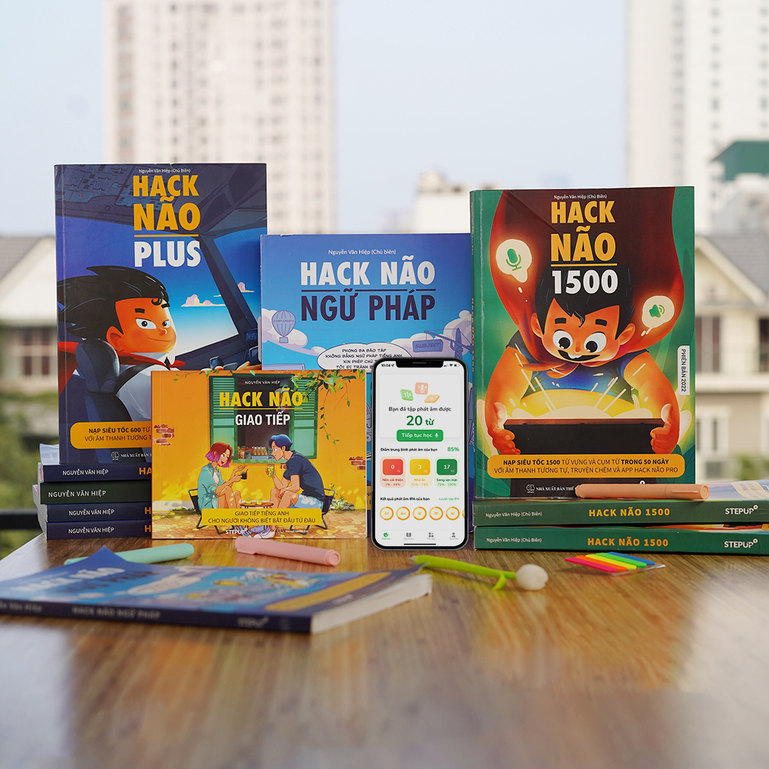 Sách - Combo 4 cuốn Hack Não 1500 Từ Vựng Tiếng Anh, Ngữ Pháp, Plus và Giao Tiếp - Tặng App Hack Não Pro học phát âm