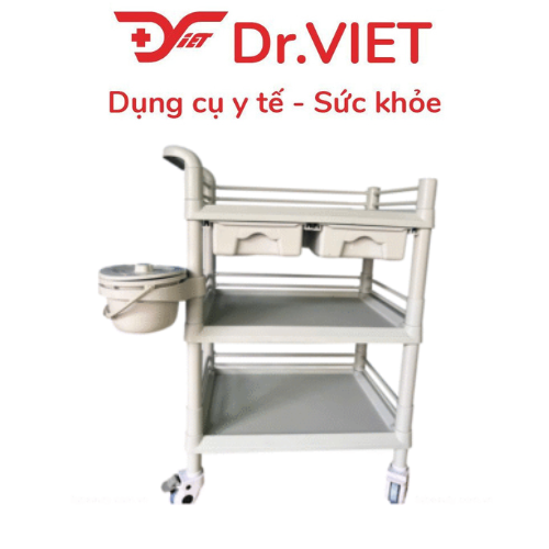 Xe đẩy dụng cụ tiêm nhựa ABS Loại 3 tầng 2 hộc nhỏ, 1 chậu (M)