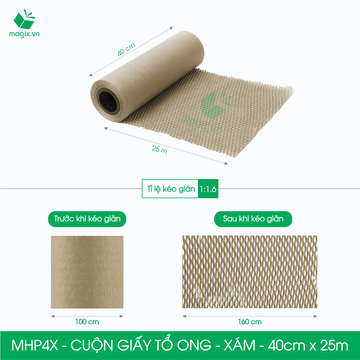 MXK4X - 0.4x25m - CUỘN GIẤY TỔ ONG MÀU XÁM CHỐNG SỐC THAY THẾ BÓNG KHÍ XỐP HƠI ĐÓNG HÀNG