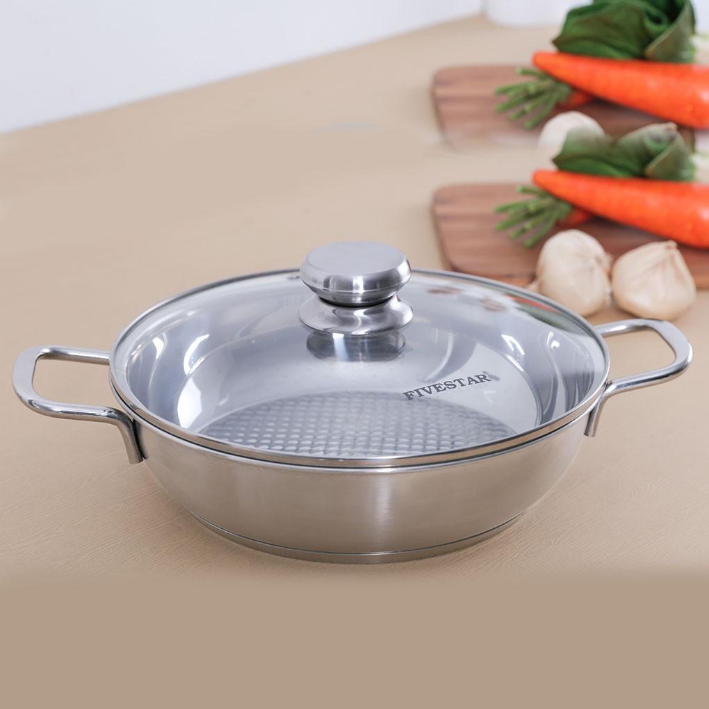 Chảo lẩu caro Inox 3 đáy FIVESTAR 24cm vung kính, dùng được bếp từ , hồng ngoại , gas | tặng 1 vá canh