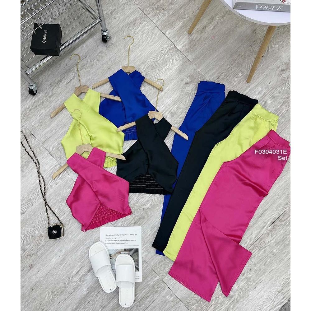 Set lụa áo croptop ngực đắp chéo cổ yếm phối quần suông