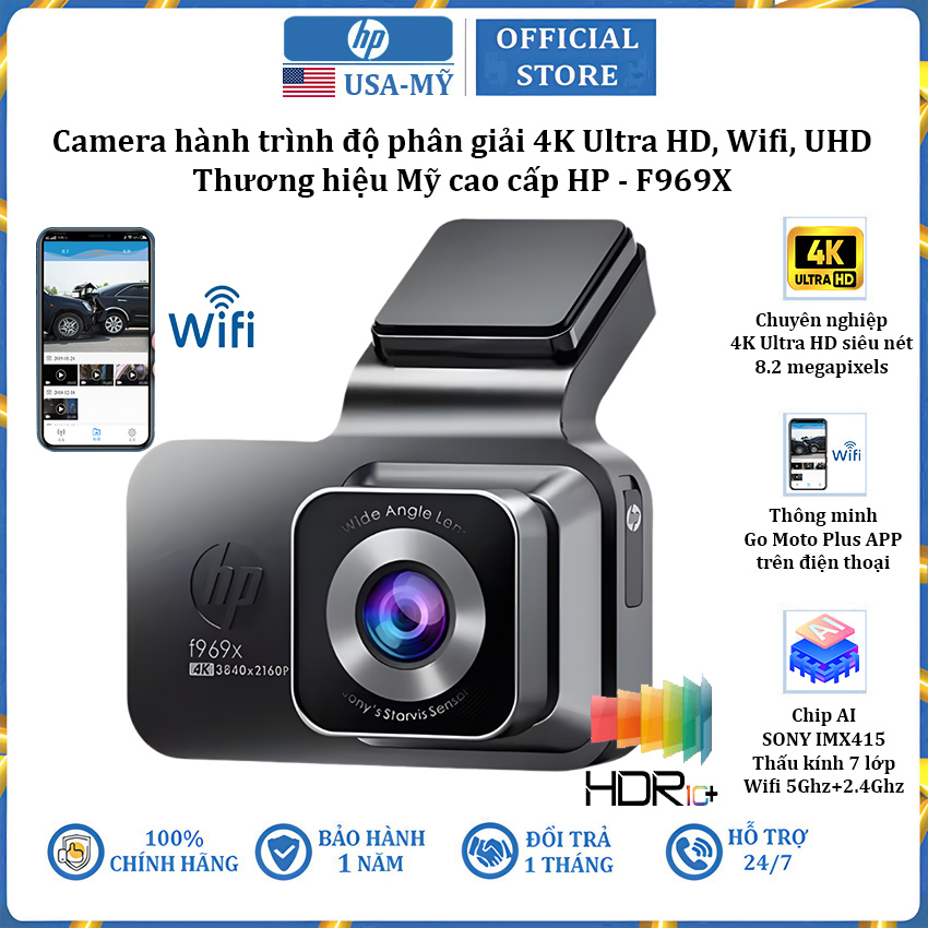 Camera hành trình ô tô  thương hiệu Mỹ HP F969X độ phân giải 4K Ultra HD, Wifi, UHD - Hàng Nhập Khẩu